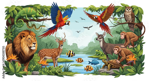 A vibrant jungle scene teeming with diverse wildlife including a lion, parrots, deer, monkeys, a chameleon, an owl, and aquatic creatures