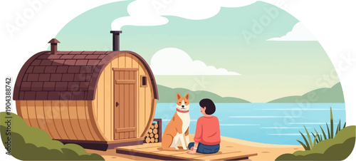 Cozy barrel sauna by a tranquil lake with a person and loyal dog enjoying the scenery