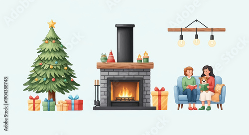 Cozy holiday scene with a decorated tree, fireplace, and people reading