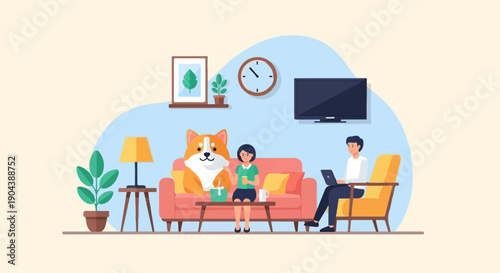 Cozy living room scene with people, dog, and technology