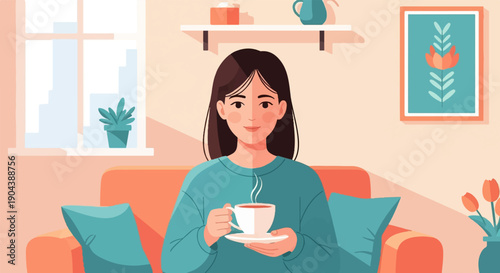 Cozy interior scene of a person holding a warm beverage on a sofa