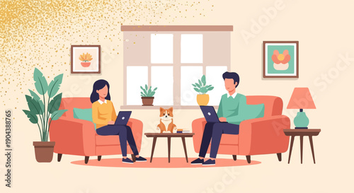Cozy living room scene with people, dog, plants, and golden sprinkles