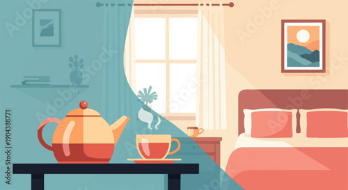 Cozy bedroom corner with steaming tea and bedside table, window view