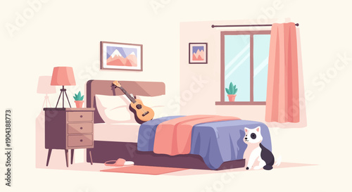 Cozy bedroom scene with a bed, guitar, lamp, plant, window, and a dog