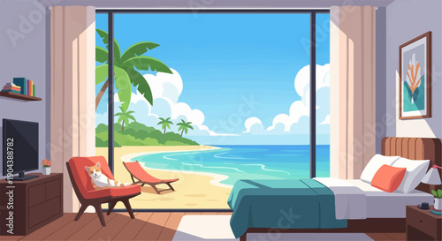 Cozy bedroom overlooking a tranquil tropical beach with a relaxed cat