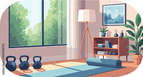 Cozy home gym corner with kettlebells, yoga mat, and plants