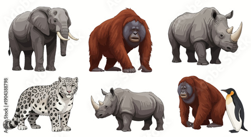 A delightful collection of six diverse wild animals including elephants, orangutans, rhinos, snow leopards, and penguins