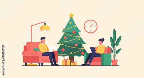 Cozy holiday scene with two people on couches using laptops near Christmas tree