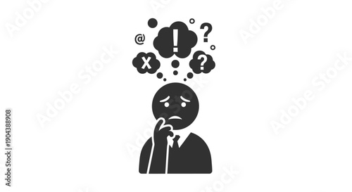 Black and white icon depicting a worried businessman experiencing confusion and anxiety with multiple conflicting thoughts swirling above his head in bubbles.