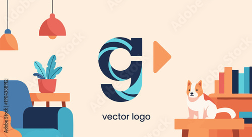 Cozy interior scene with dog, plants, furniture, and a graphic logo