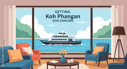 Cozy living room view of a yacht sailing past a tropical island