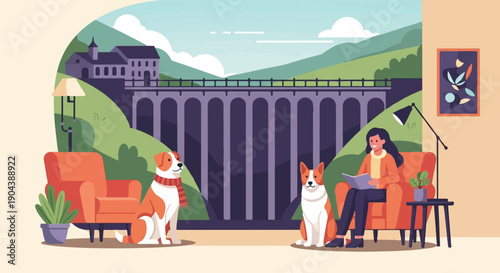 Cozy interior scene with dogs and person by a dam