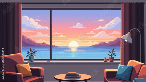 Cozy living room view of a vibrant pixel art sunset over calm water