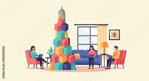 Cozy home office scene with people working on laptops and a colorful cube tower