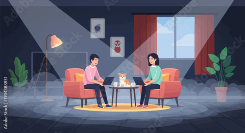 Cozy home office scene with two people, a corgi, and laptops