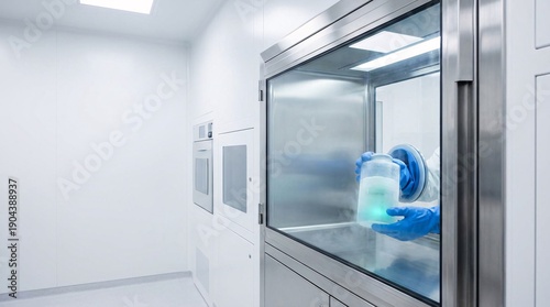 A person in blue gloves handles a liquid sample in a sterile cleanroom environment.
