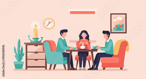 Cozy interior scene with people dining at a table, lit by a candle