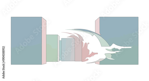 Abstract illustration of a wave crashing between two tall buildings, symbolizing a barrier being broken or a challenge overcome, with a sense of motion and dynamism