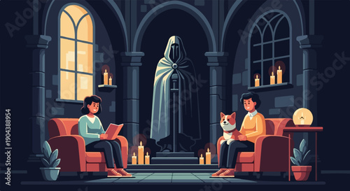Cozy interior scene with people, a dog, and mysterious statue, illuminated by candles
