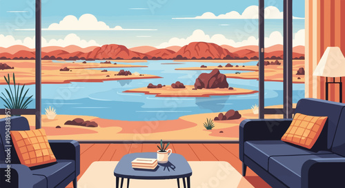 Cozy living room view overlooking a serene desert oasis with mountains