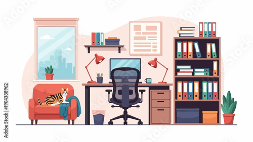 Cozy home office with cat on armchair, desk, chair, and bookshelf