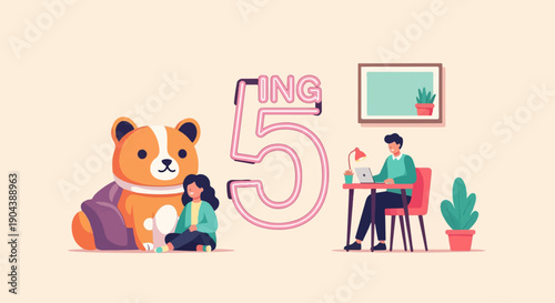 Cozy home office with a large stuffed animal, two people, and bright neon numeral