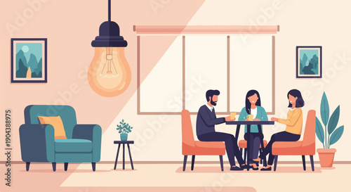 Cozy interior scene with people gathered around a table and a comfortable armchair