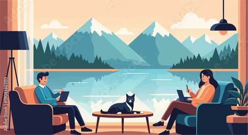 Cozy interior scene with people working remotely by a lake and mountains
