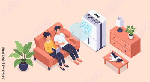Cozy living room with a couple relaxing, a pet, plant, and humidifier