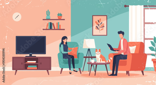 Cozy interior scene with two people, a dog, and a television