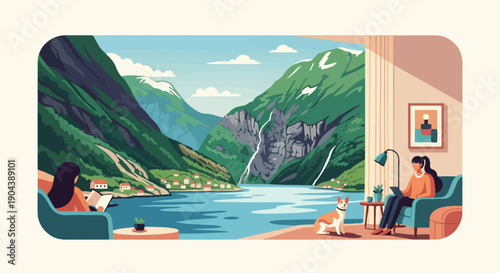 Cozy interior view of a home with a dog, overlooking a scenic fjord and mountains