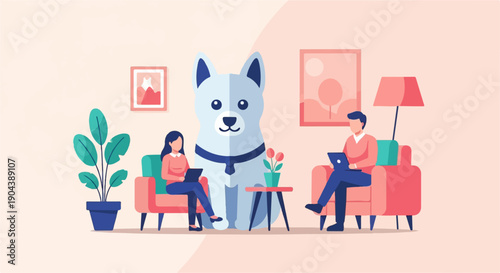 Cozy home scene with people and a large dog, working on laptops