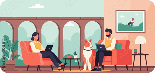Cozy home scene with people and dog working on laptops, surrounded by plants
