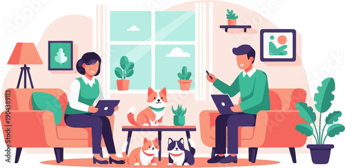 Cozy home scene with people and pets working, plants, and a large window view