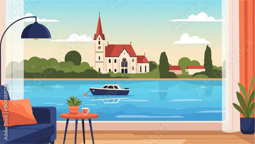 Cozy living room with a view of a tranquil lake and distant church