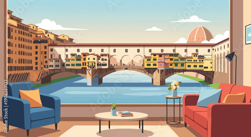 Cozy interior view of a river, historic bridge, and dome, with furniture