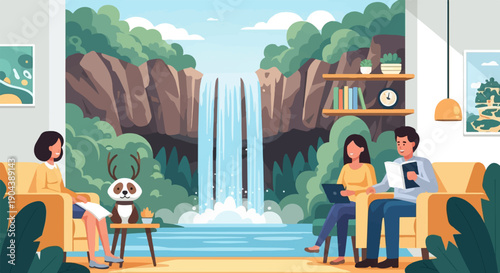 Cozy interior view of a room with a large window showing a beautiful waterfall landscape