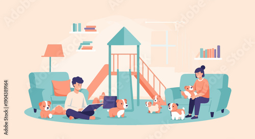 Cozy home scene with people, puppies, and a playful indoor slide