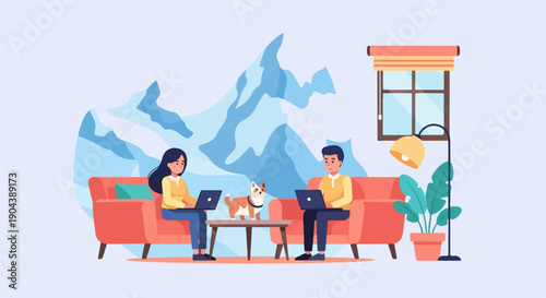 Cozy home scene with people working on laptops and a dog