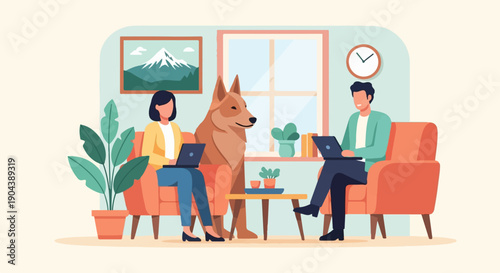 Cozy living room with dog, people working on laptops, and indoor plants