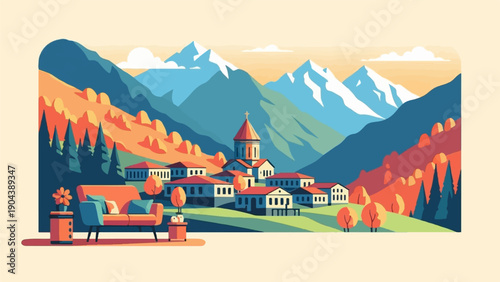 Cozy indoor scene overlooking a picturesque mountain village