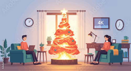 Cozy living room with festive tree and people working on laptops