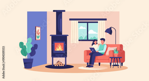 Cozy living room with fireplace and couple on sofa using laptop