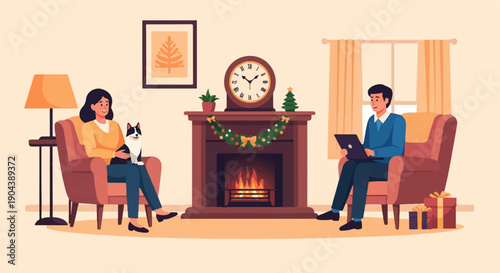 Cozy living room with fireplace, woman, cat, man, laptop, and gifts