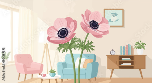 Cozy living room with large pink flowers and stylish furniture