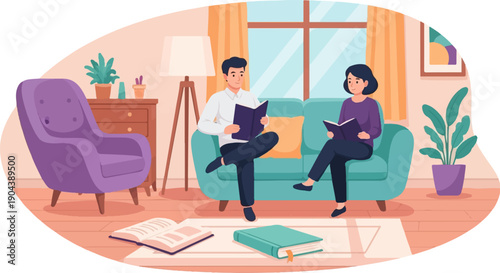 Cozy living room with people reading books on sofa and armchair