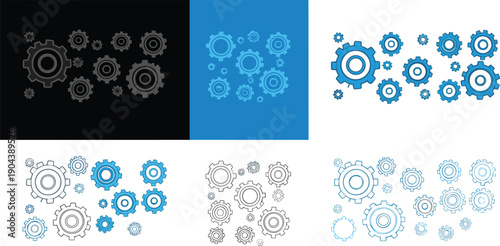 Gear and cogwheel icon set with mechanical system parts teamwork engineering concept blue black vector illustrations isolated