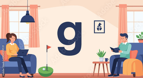 Cozy living room with people working, reading, and a mini golf setup