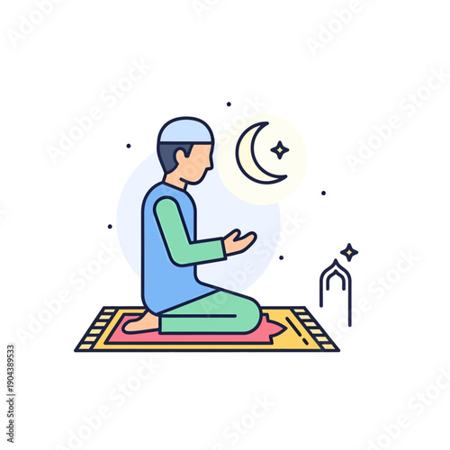 Man Praying on Prayer Mat with Moon.