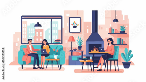 Cozy living room with people working on laptops by a fireplace